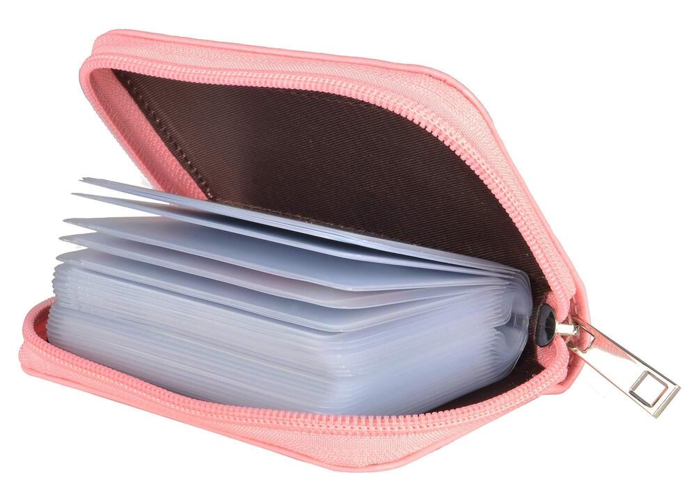 3161 Leather Credit Card Holder Zipper Wallet With 26 Card Slots Pink